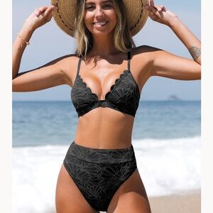 Black Floral Scalloped Bikini Set